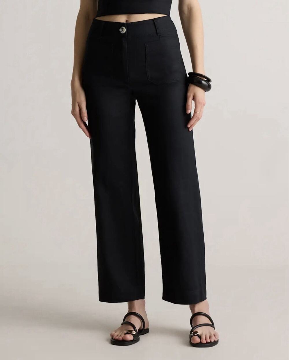 Quince Sz 8 100% European Linen Patch Pocket Pants Black Natural Fiber $52